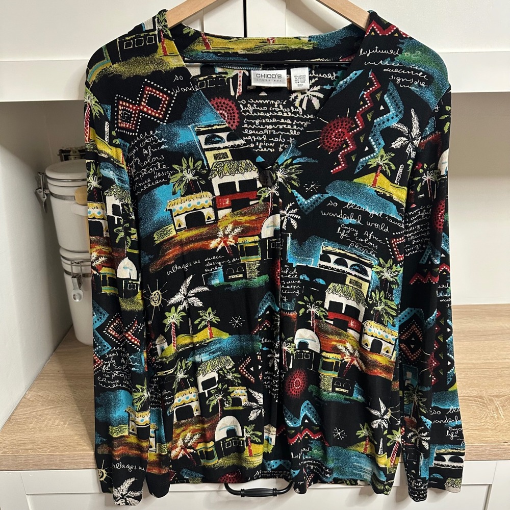 VTG Chico's Travelers Size 1 M Tropical Village Novelty Single Button Cardigan